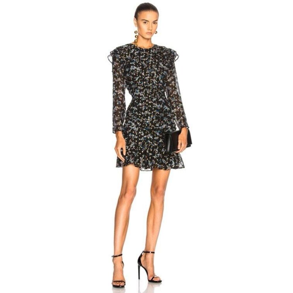 VERONICA BEARD Parc Ruched Floral Ruffle Silk Mini Dress